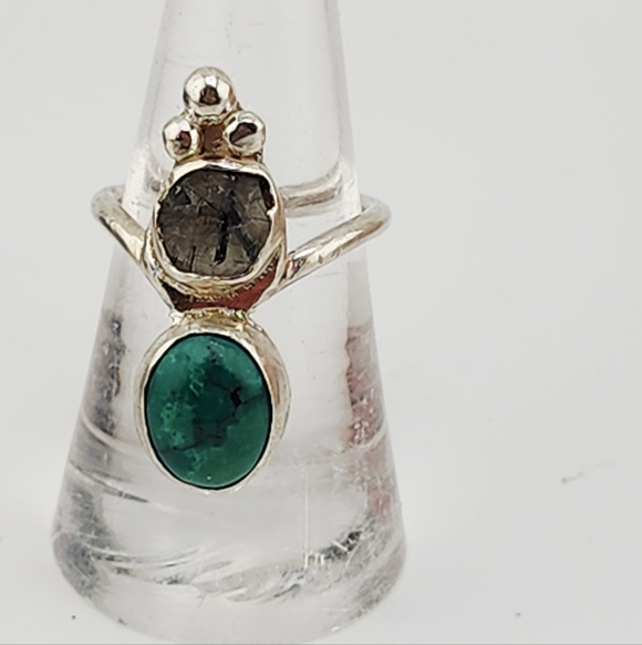 DREAMY JWLS Jewelry - TURQUOISE & RUTILATED QUARTZ HANDMADE RING IN STERLING SILVER METAL SIZE 7